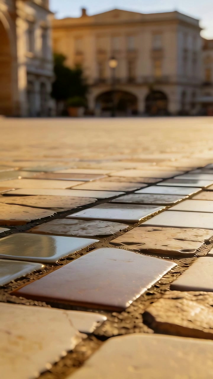 Video verticale: Telecamera bassa che panoramica dopo lo spostamento, mostrando piastrelle lucide in una piazza, evidenziando una luce calda.
