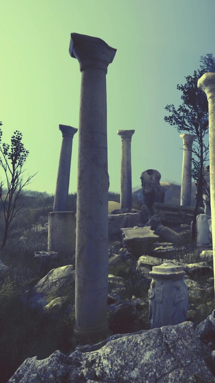 Ruinas de columnas antiguas se alzan en una zona de césped cerca de árboles al atardecer.