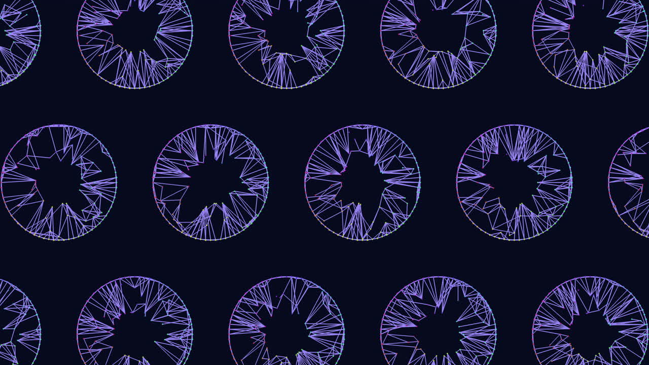 Abstract neon circular waveform rings pattern on dark background, seamless motion