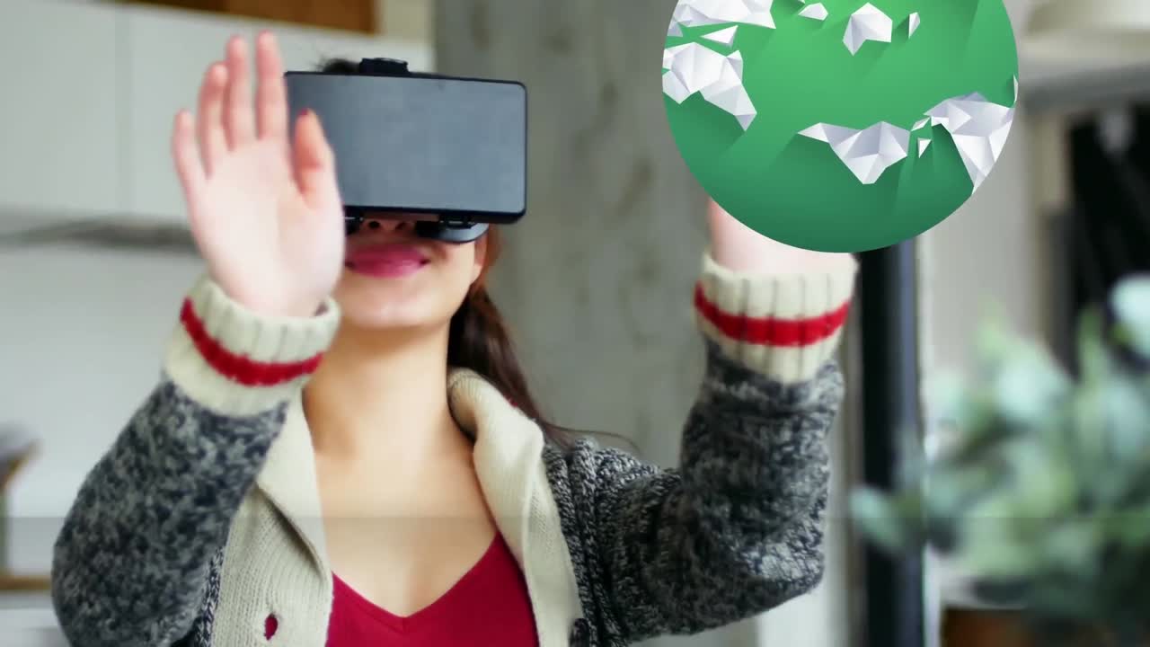animación del globo sobre la mujer usando auriculares vr