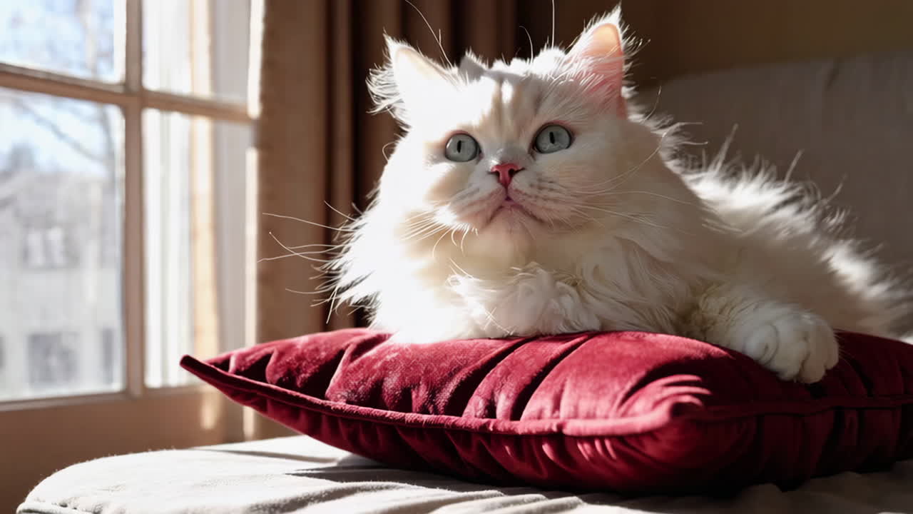 A fluffy white cat with blue eyes rests on a red velvet pillow