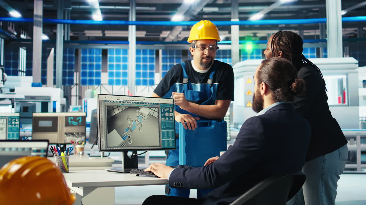 il capo della squadra dice ai lavoratori come ottimizzare l'approvvigionamento energetico nella fabbrica fotovoltaica