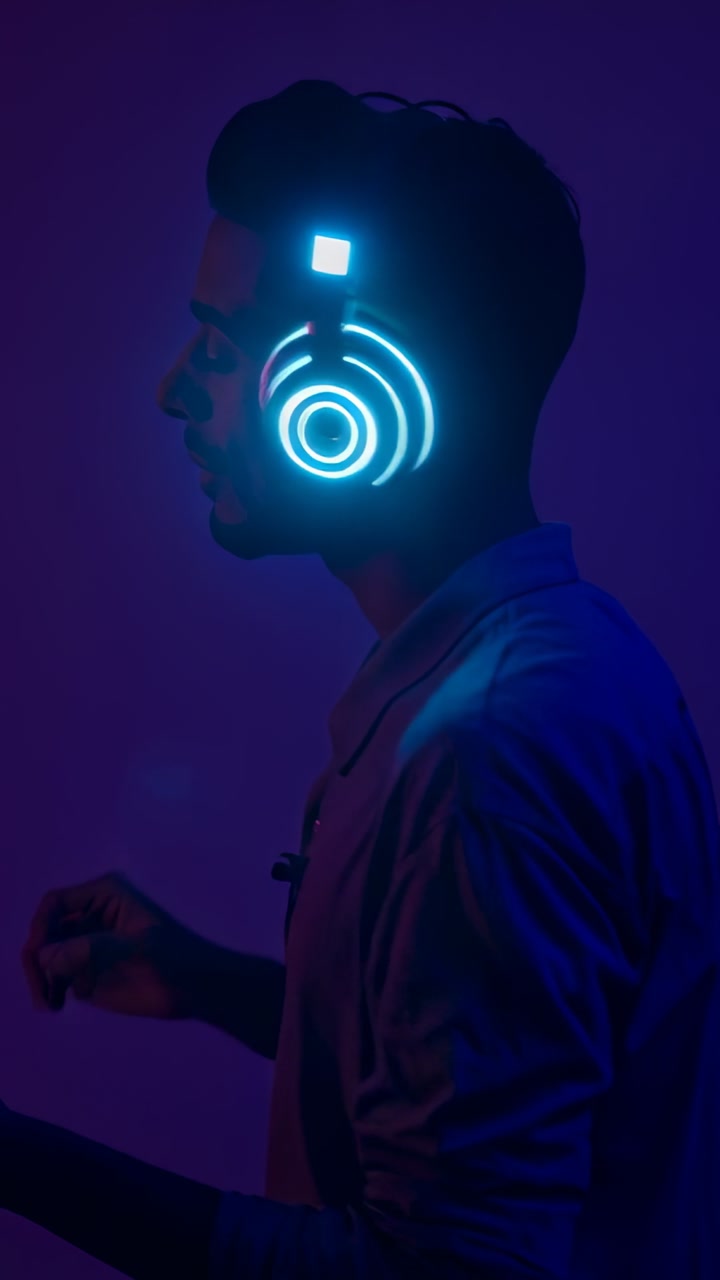 Vertical video: Music starting, man with LED headset turning head, tapping beat in studio, cyan rim