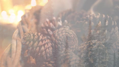 animatie van kaarsen en kerstversiering met dennenkegels