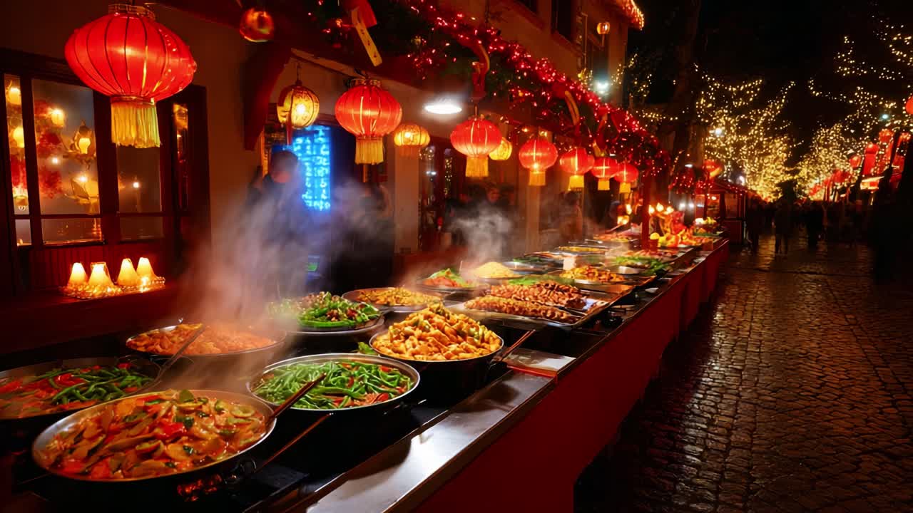 A Vibrant Festive Night Market Scene with Colorful Lanterns Illuminating a Diverse Array of Delicious Food Dishes, Featuring Steaming Woks and Lively Holiday Decorations Amidst a Joyful Atmosphere