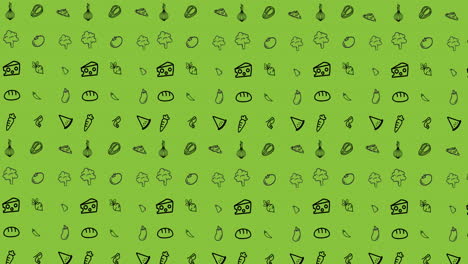 animation of illustration with pow text on retro speech bubble over food icons on green background