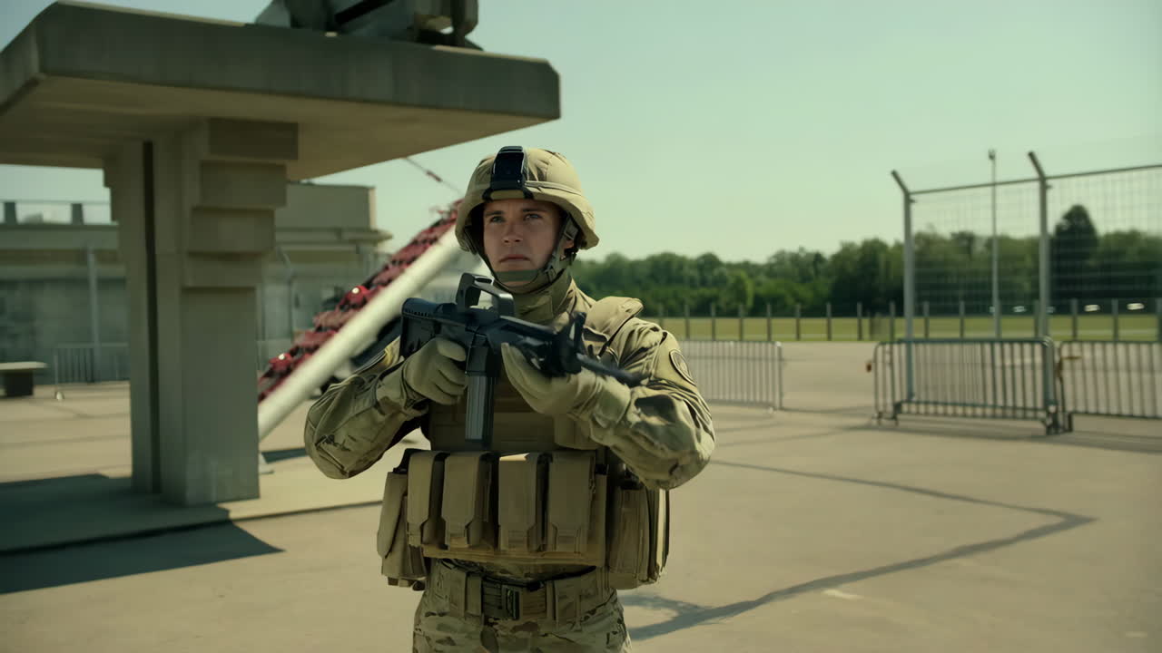 A soldier in military gear standing guard outdoors
