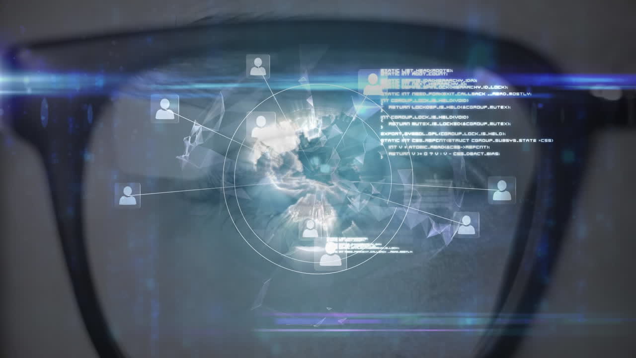 animación del procesamiento de datos con redes de conexiones sobre gafas y ojos