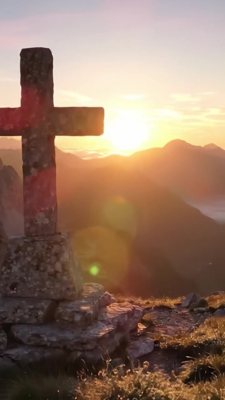 Un Sereno Paesaggio Montano al Tramonto: Una Croce di Pietra che Domina Cime Maestose e un Orizzonte Dorato, Invitando alla Riflessione e alla Contemplazione Pacifica nella Natura.