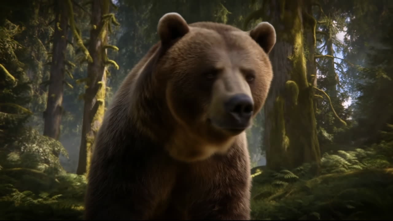 Orso bruno in piedi che guarda in una foresta lussureggiante