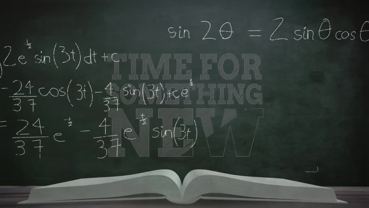 Animation of time for something new text over book and mathematical equations