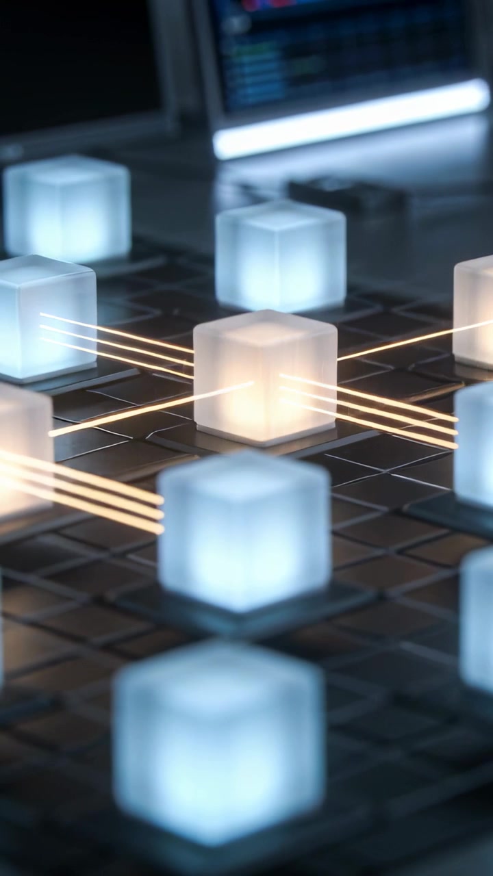 Vertical video: On signal, pulsing frosted cube warming amber on grid, sending data via gold beams