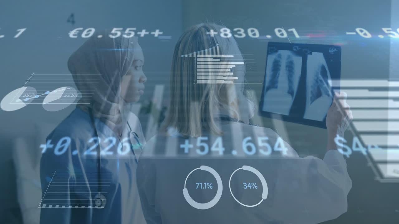 Female doctor wearing hijab analyzing chest X-ray with patient, overlaying animated medical graphs