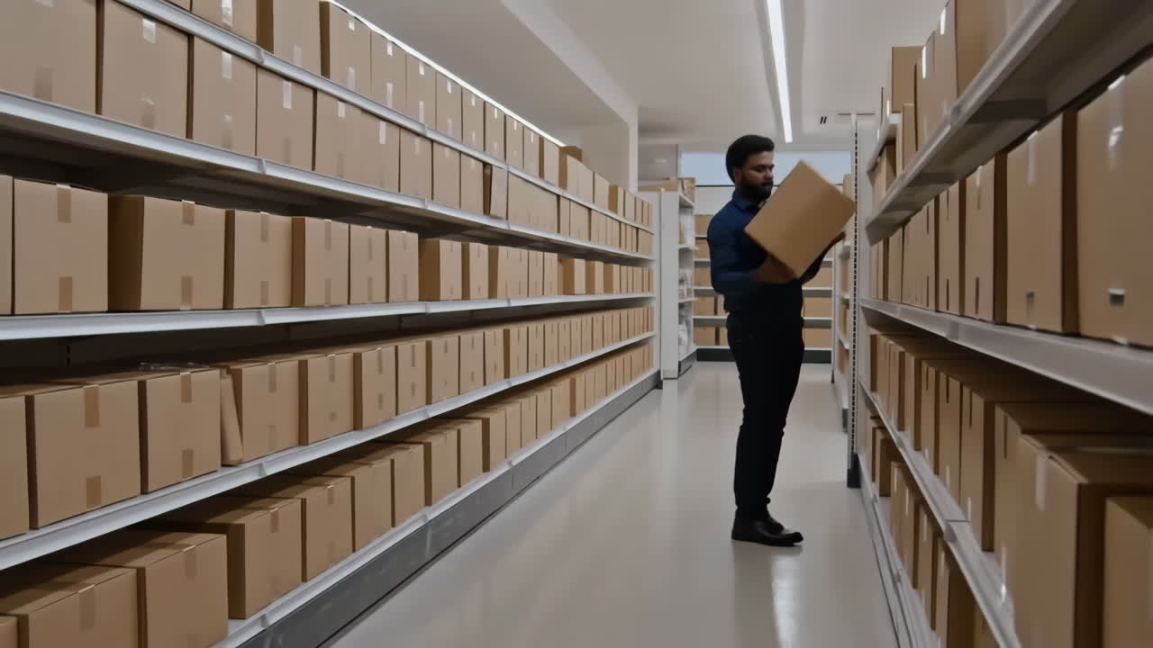 Man working in a warehouse checking inventory and handling boxes