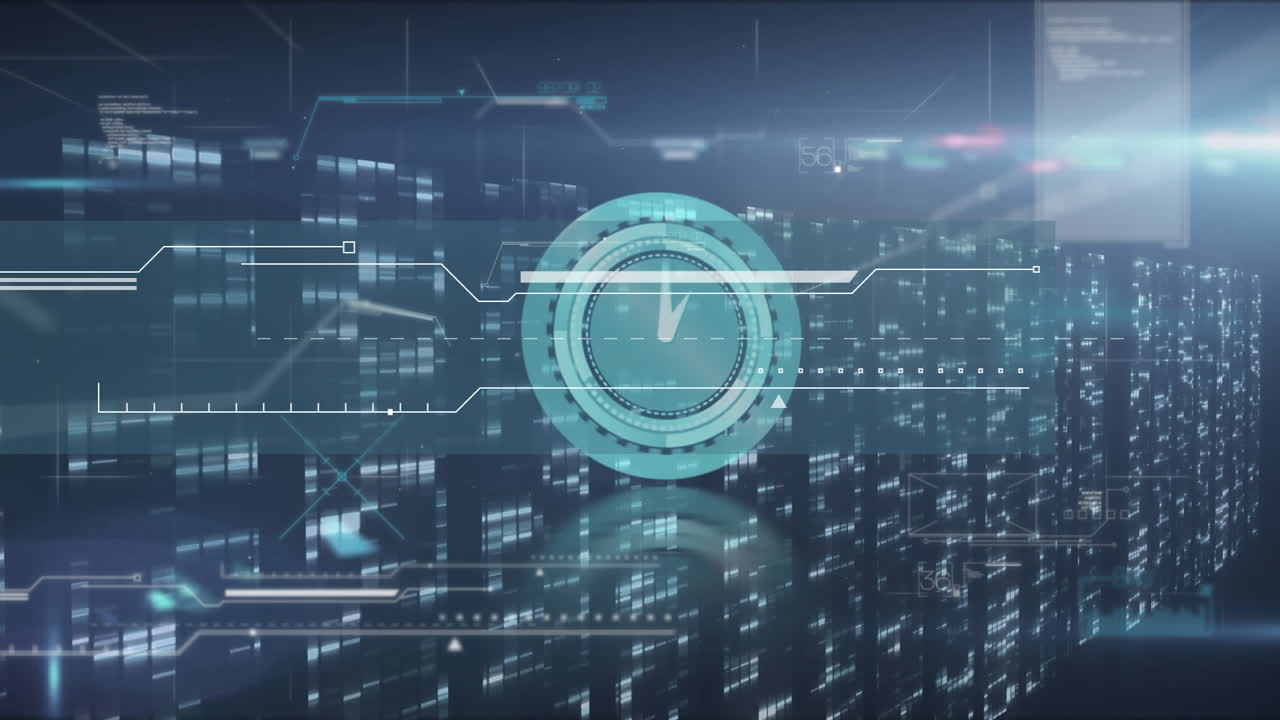 Animation of clock moving fast and data processing over computer servers