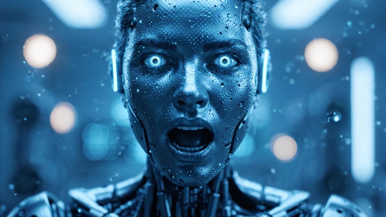 Erstaunliche kybernetische Szene eines emotional aufgeladenen weiblichen Roboters in einer futuristischen Umgebung, der einen intensiven Ausdruck und komplexe mechanische Merkmale zeigt.