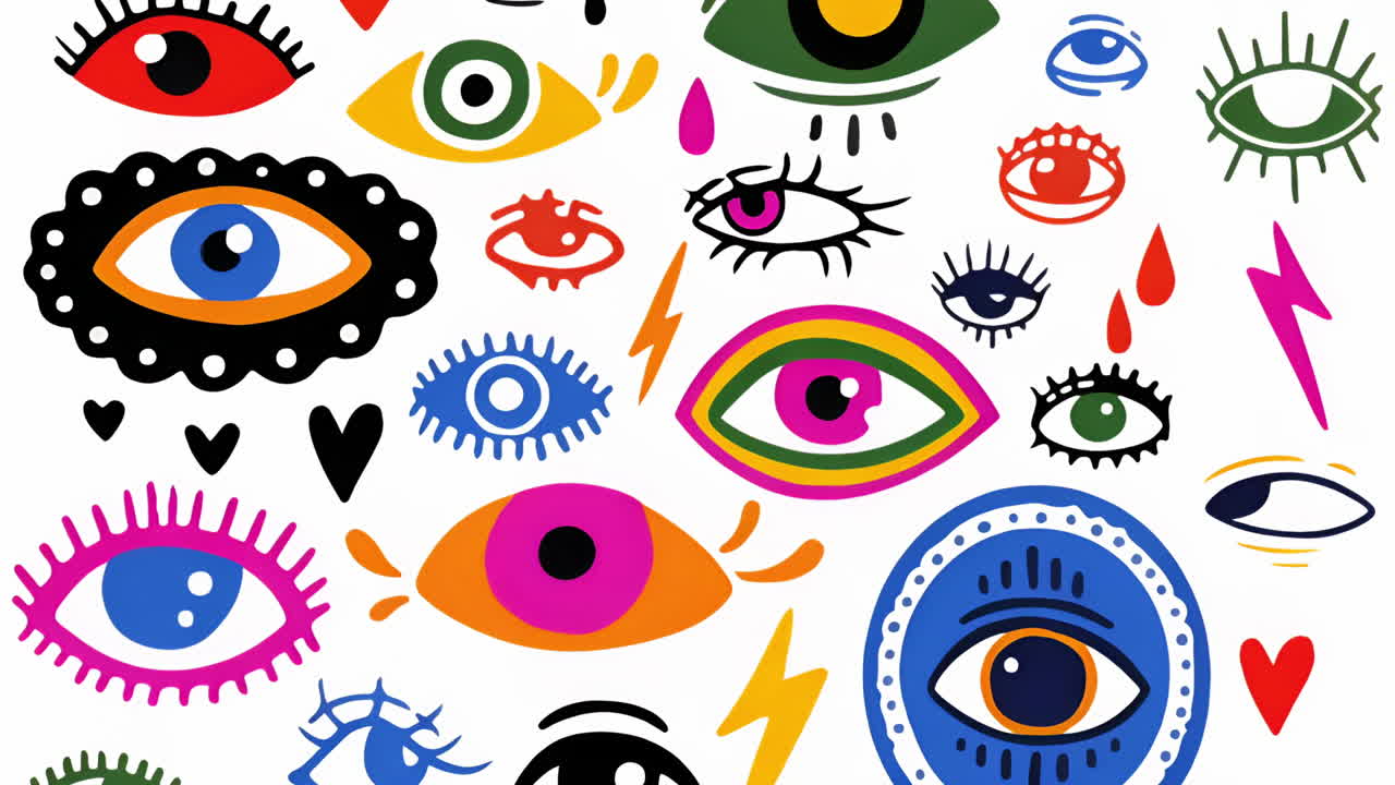 Colorful Abstract Eye Pattern with Hearts and Lightning Bolts