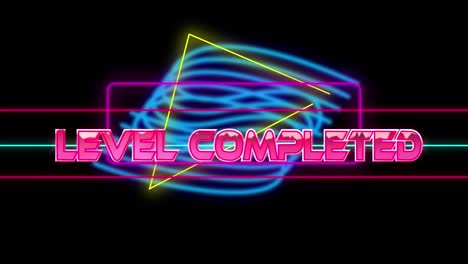 animation of level completed text in pink metallic, over neon lines on black