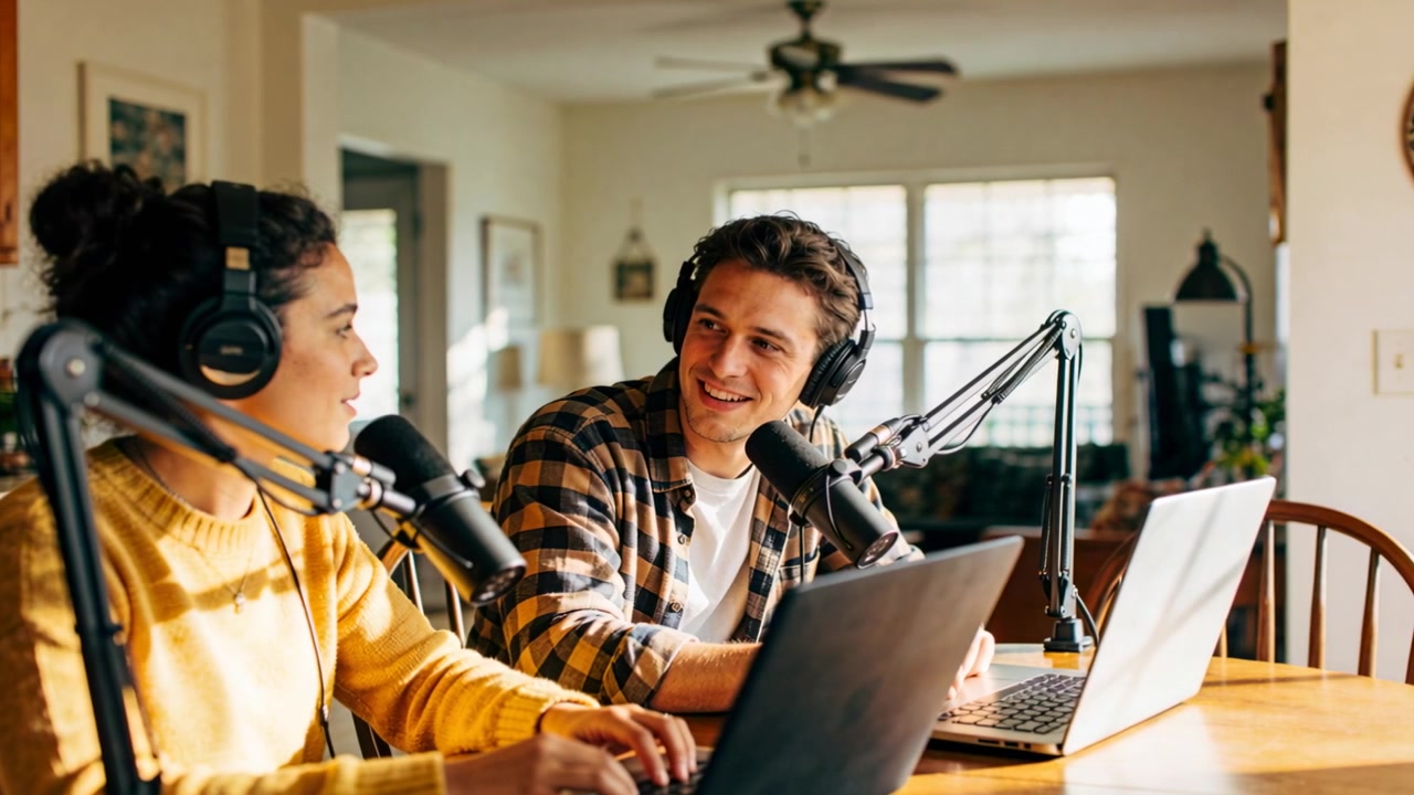 Recording cohosts yellow sweater and plaid shirt typing and speaking at table for podcast with mics