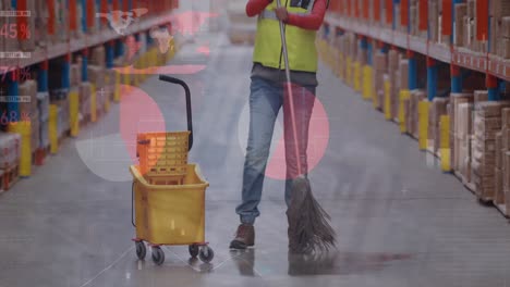 animation of data processing over african american female worker in warehouse