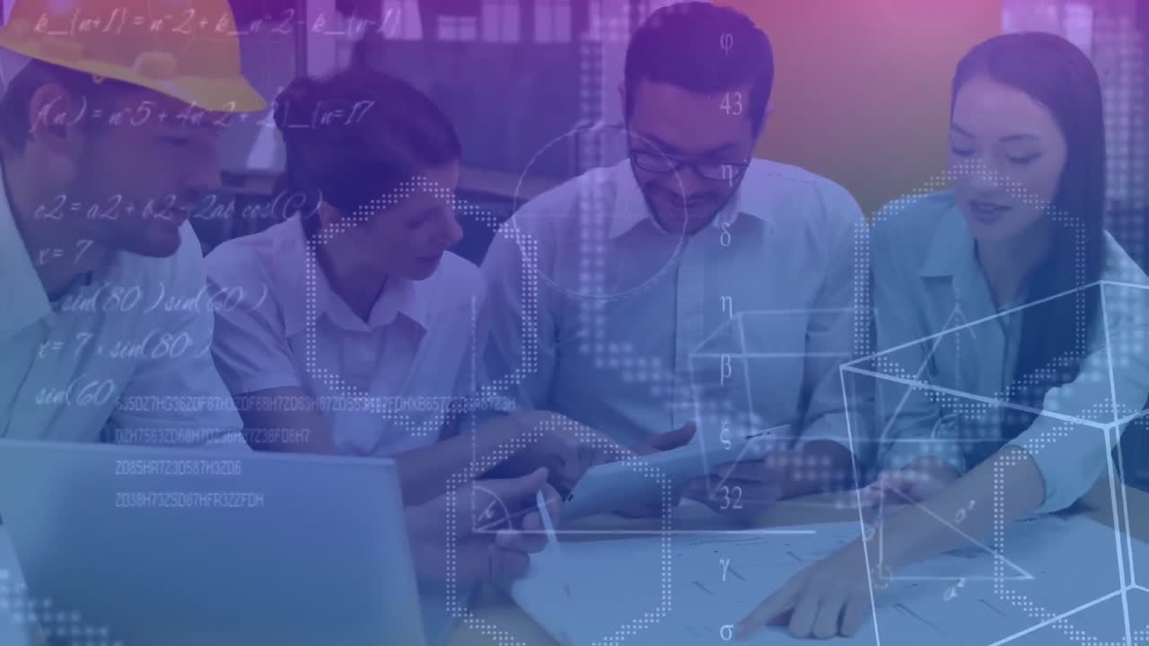 animación del procesamiento de datos matemáticos en un grupo de arquitectos que trabajan juntos