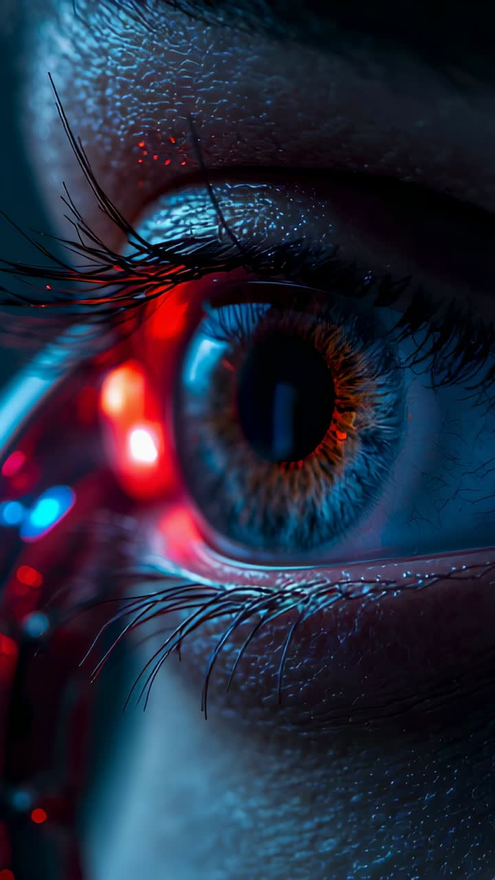 Vertical video: Shifting red blue lights causing eye reacting in lab showing iris tear film