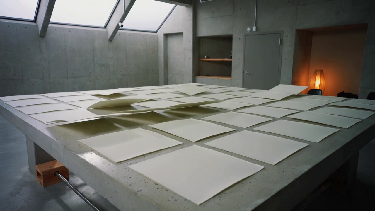 Grade ascendente de folhas brancas enrolando e revelando uma camada verde em uma mesa de concreto, com uma haste de metal empurrando.