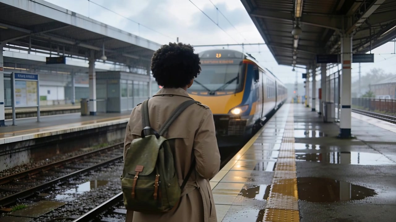 Watching trenchcoat woman with coffee cup and backpack turning to board arriving train on platform