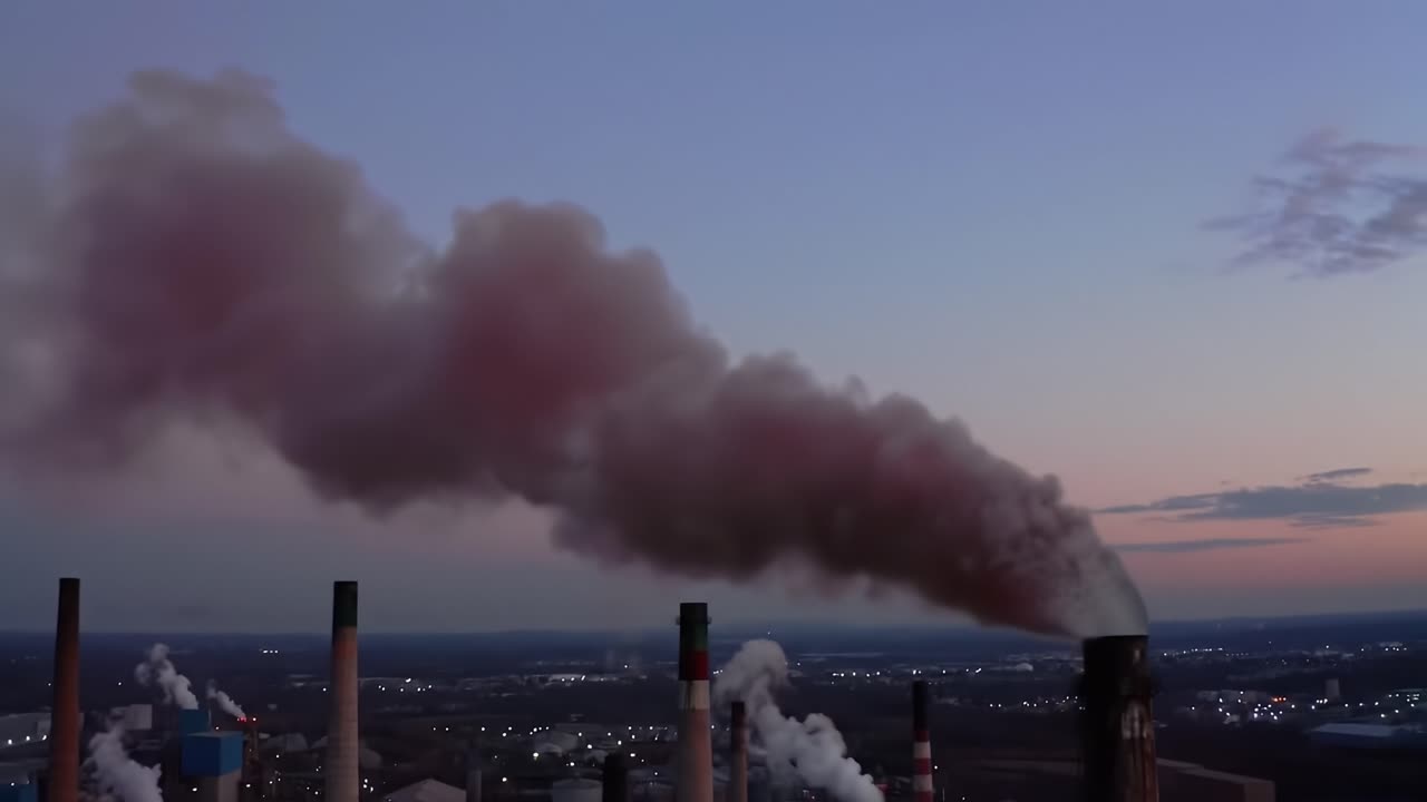 Pollution and Environmental Impact: Captivating Views of Industrial Emissions during Twilight Hours Capturing Smoke Shadows Against the Fading Light