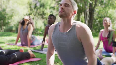 Gruppe-Verschiedener-Junger-Menschen,-Die-Gemeinsam-Im-Park-Meditieren-Und-Yoga-Praktizieren