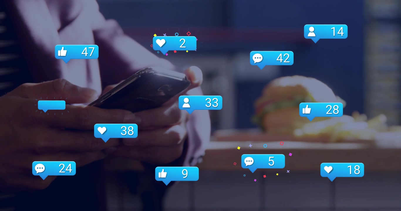 Man holding phone, blue chat bubble popping and spawning alert bubbles, counts rising for marketing