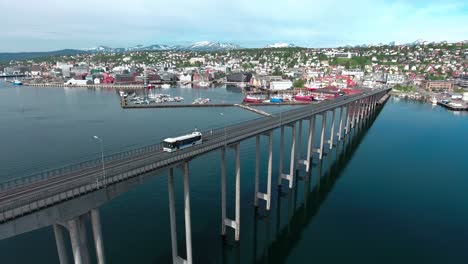 bridge of city tromso, norway aerial footage