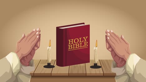 la santa biblia con las manos orando animación