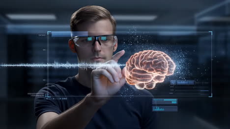 man interacting with futuristic holographic brain interface
