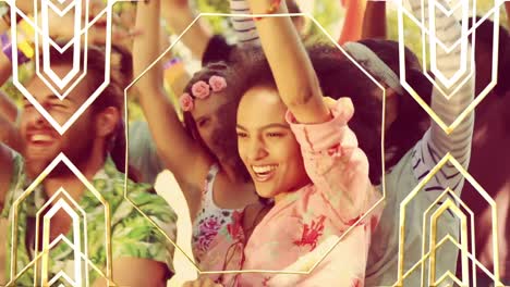 animación de patrón dorado sobre personas felices bailando al aire libre