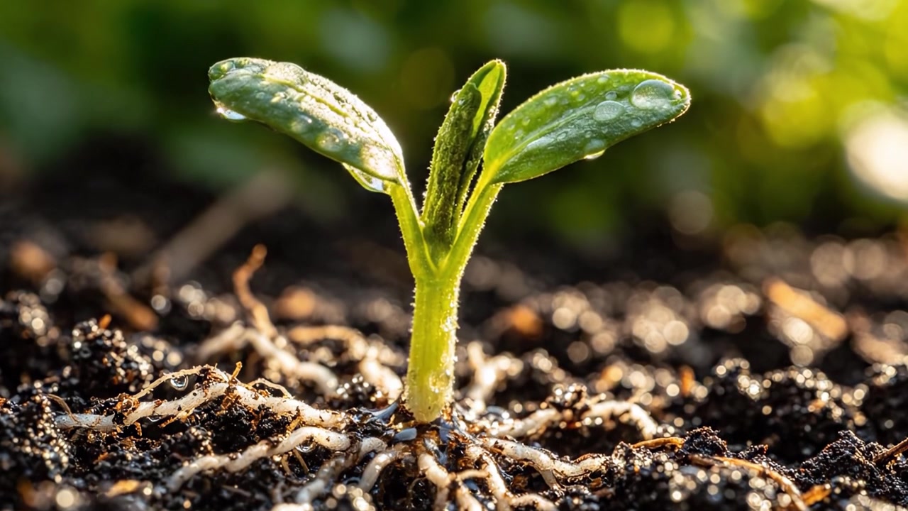 Emerging Seedling in Rich Soil: A Close-Up Journey from Dormancy to Growth, Capturing the Vitality of Nature’s Renewal Process Amidst the Lush Green Background