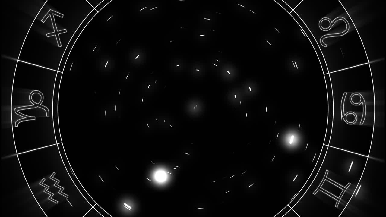 animación de la rueda astrológica giratoria con símbolos de signos estelares en el fondo del cosmos