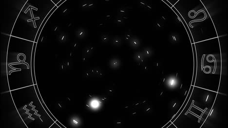 animación de la rueda astrológica giratoria con símbolos de signos estelares en el fondo del cosmos