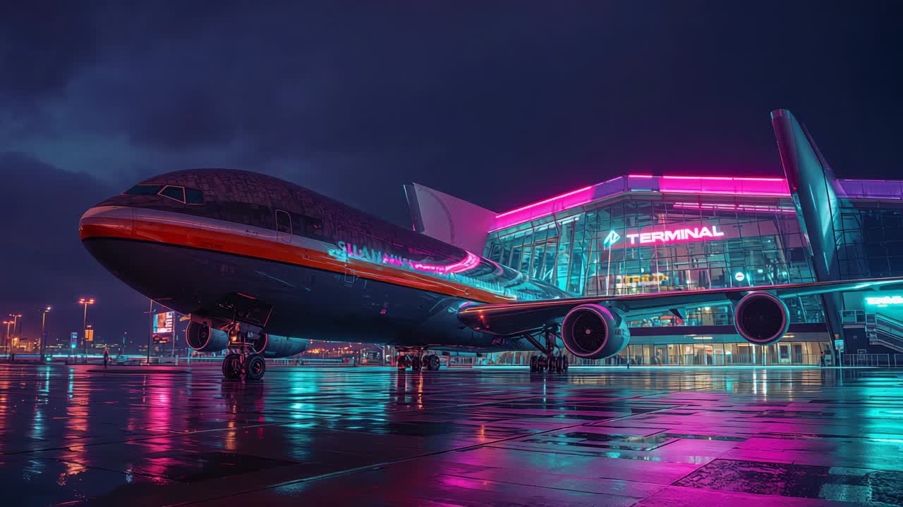 Pulsing terminal neon shifting reflections on wet tarmac at night, widebody jet sitting
