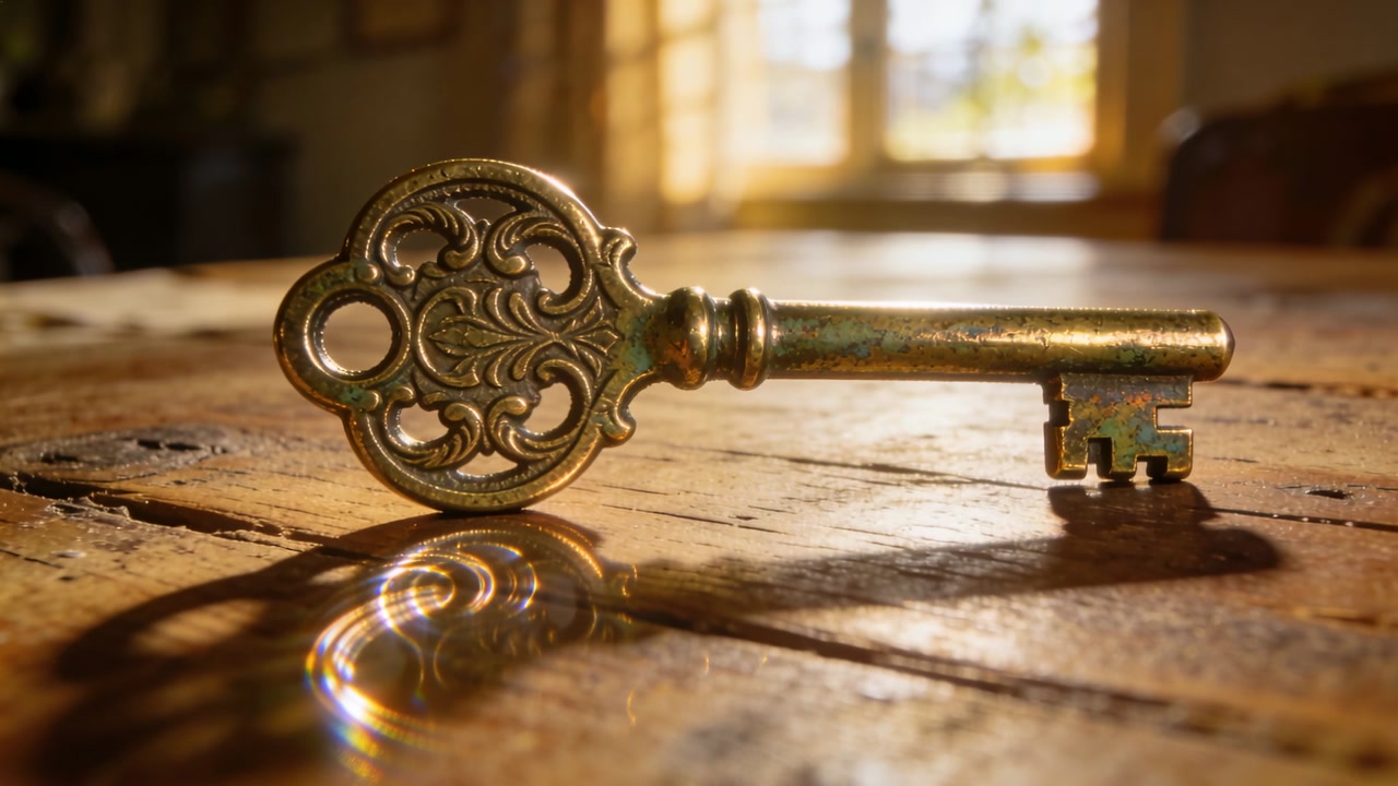 Resting ornate brass key catching streaming sunlight and lens flare on worn table, revealing detail