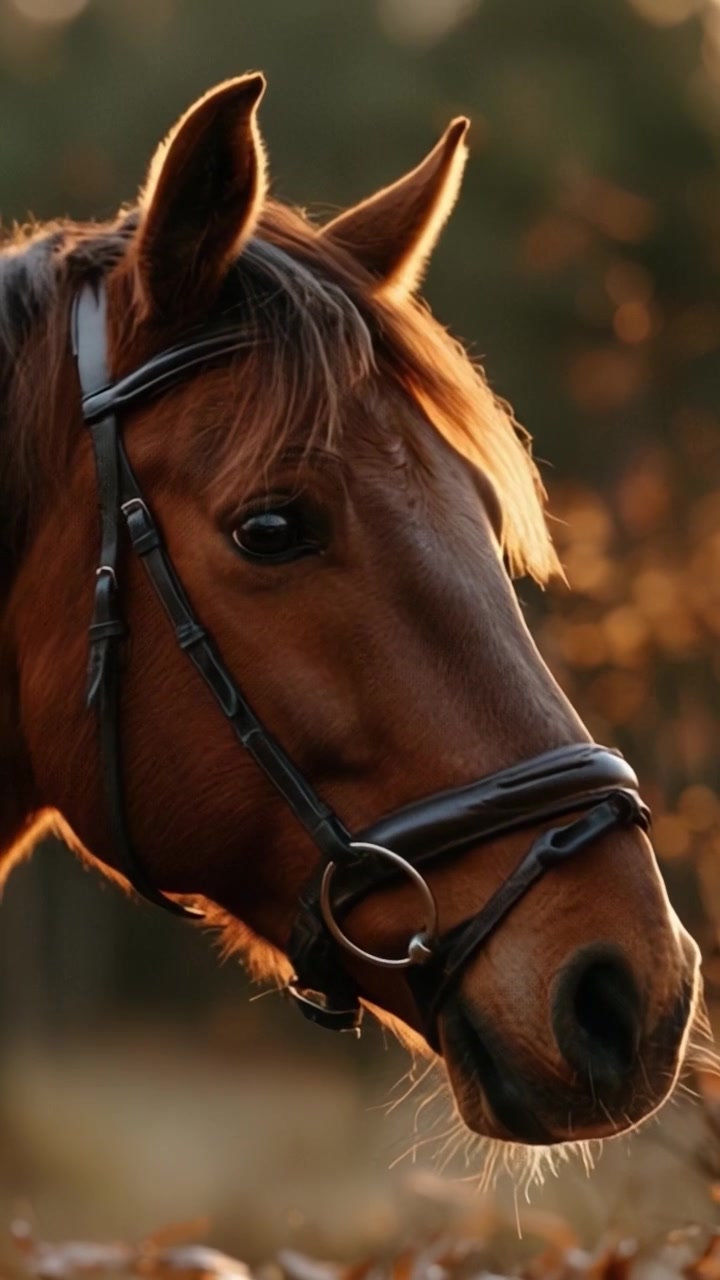 Um Cavalo Majestoso Capturado no Brilho Dourado do Crepúsculo: Um Close-Up de Suas Características Elegantes e Espírito Gentil.