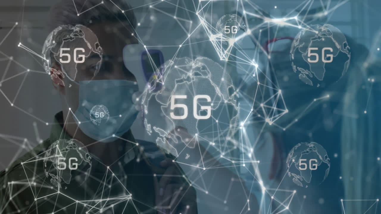 5G network technology animation over people wearing masks in futuristic setting