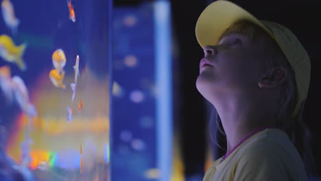 vista lateral niña mirando un enorme acuario con peces marinos concepto de inspiración e impresiones
