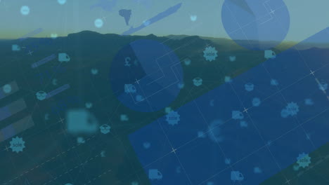 delivery truck icons rolling across mountain ridge under sunrise featuring rising infographic bars