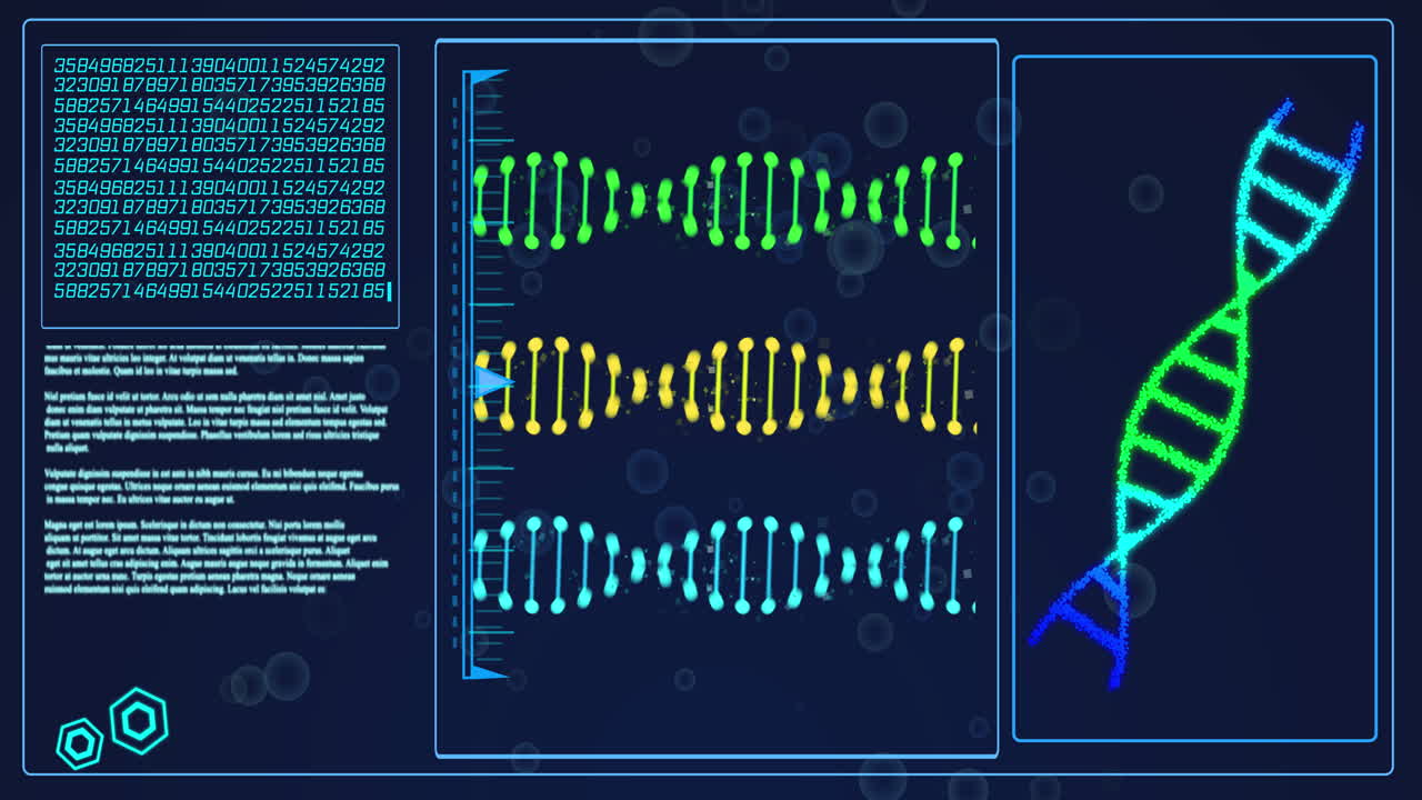 animación del procesamiento de datos con cadenas de adn y burbujas en fondo negro