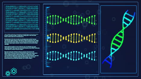 animation of data processing with dna strands and bubbles on black background