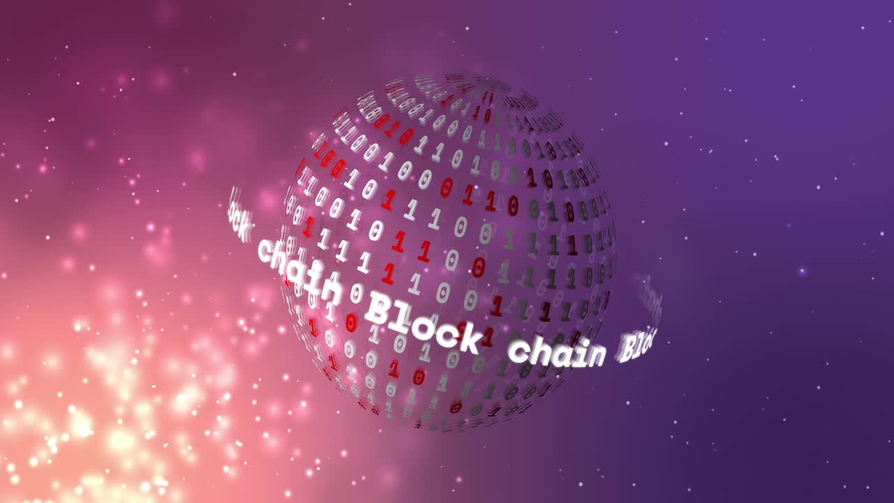 Glowing sparks initiating 3D sphere rotating with scrolling Block chain band visualizing blockchain