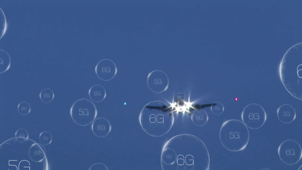 5g 및 6g 네트워크 버블 애니메이션으로 파란 하늘을 날아가는 비행기