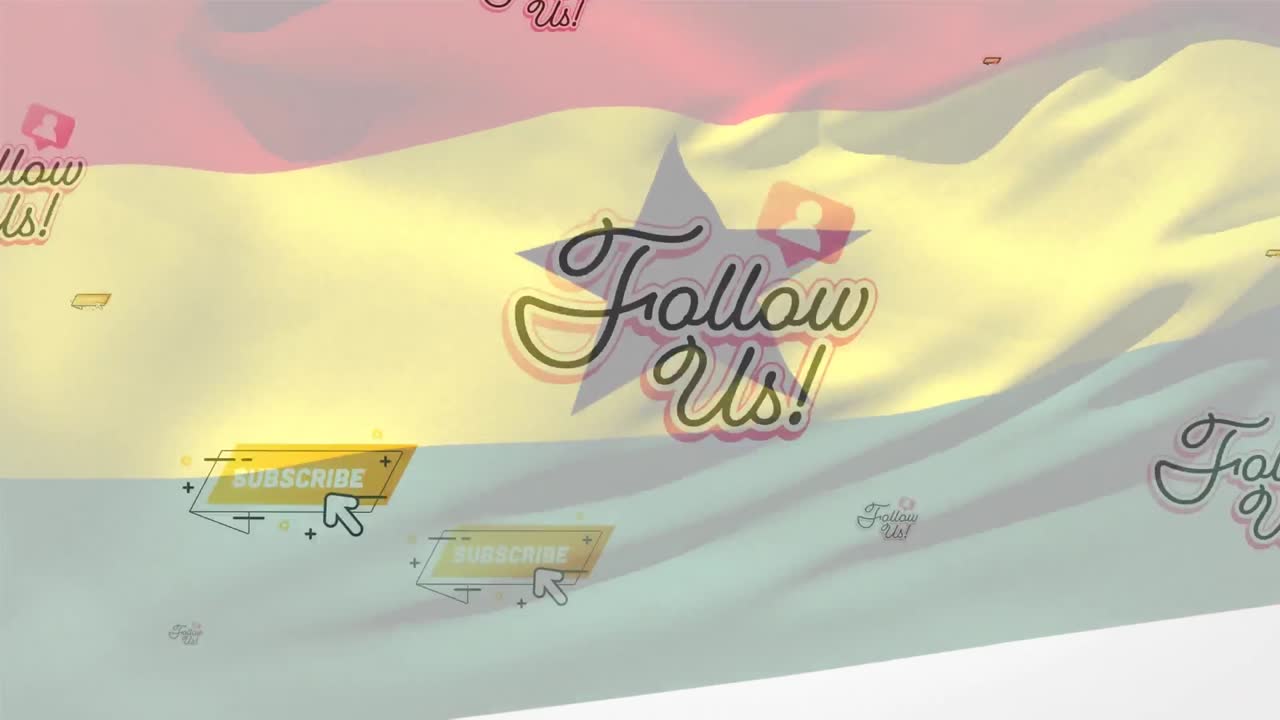 animación de la bandera de ghana soplando sobre el texto síganos y suscríbase, mensajes en línea