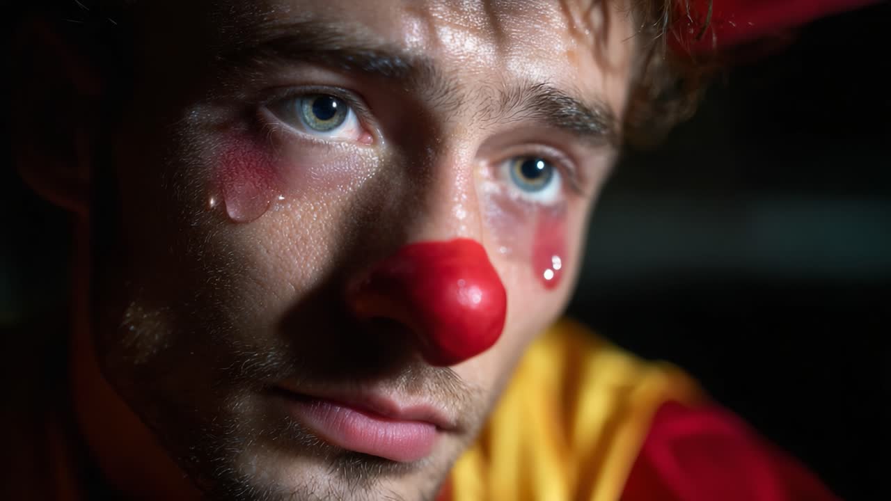 A poignant portrayal of a clown feeling melancholic, capturing the raw emotions behind the makeup, revealing the depth behind a seemingly joyful facade